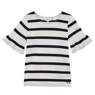 Girls' white and navy striped fluted sleeved top